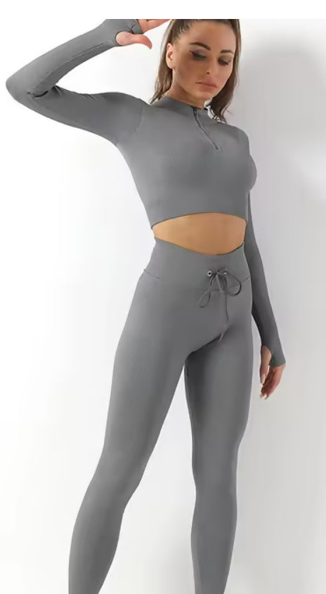 High Waist Leggings, Long Sleeve Zipper Crop Top, Gym Clothes -Grey